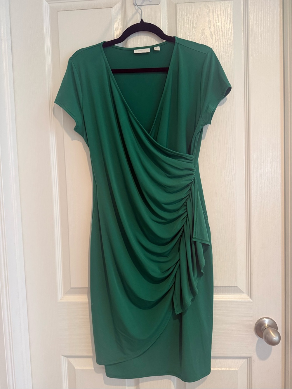 New York & Company Emerald Green Draped V-Neck Midi Dress